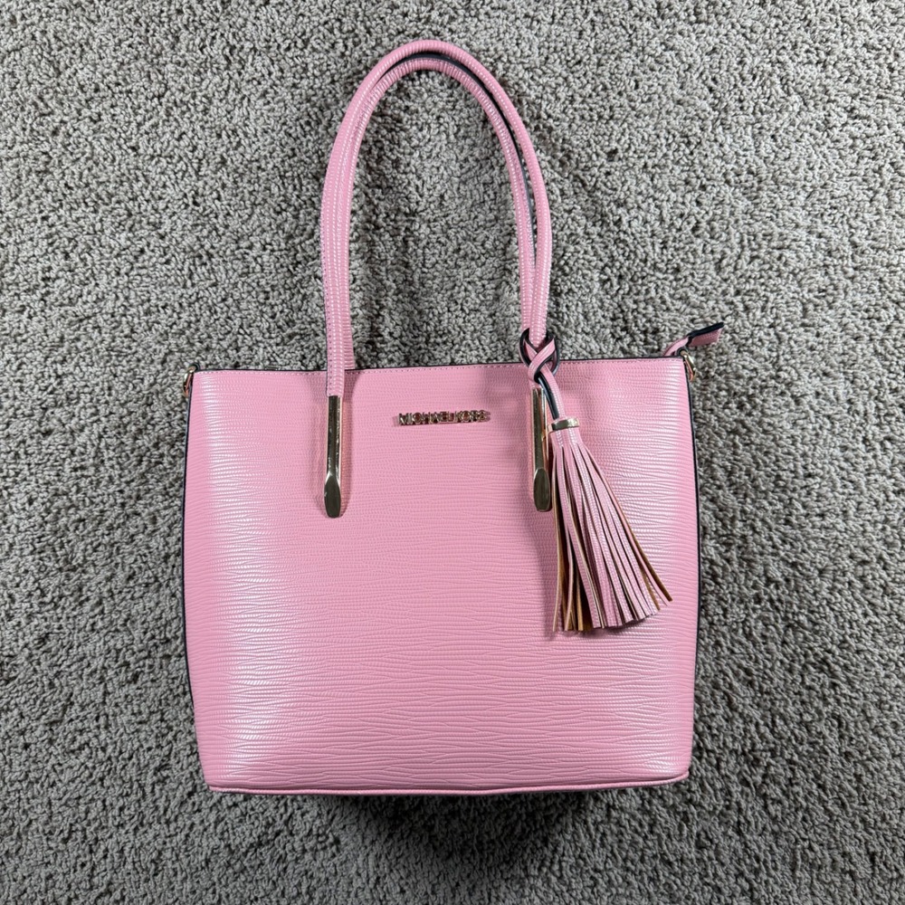 FAUX Michael Kors Pink Textured Leather Tassel Tote Gold purse‎ hand bag Barbie